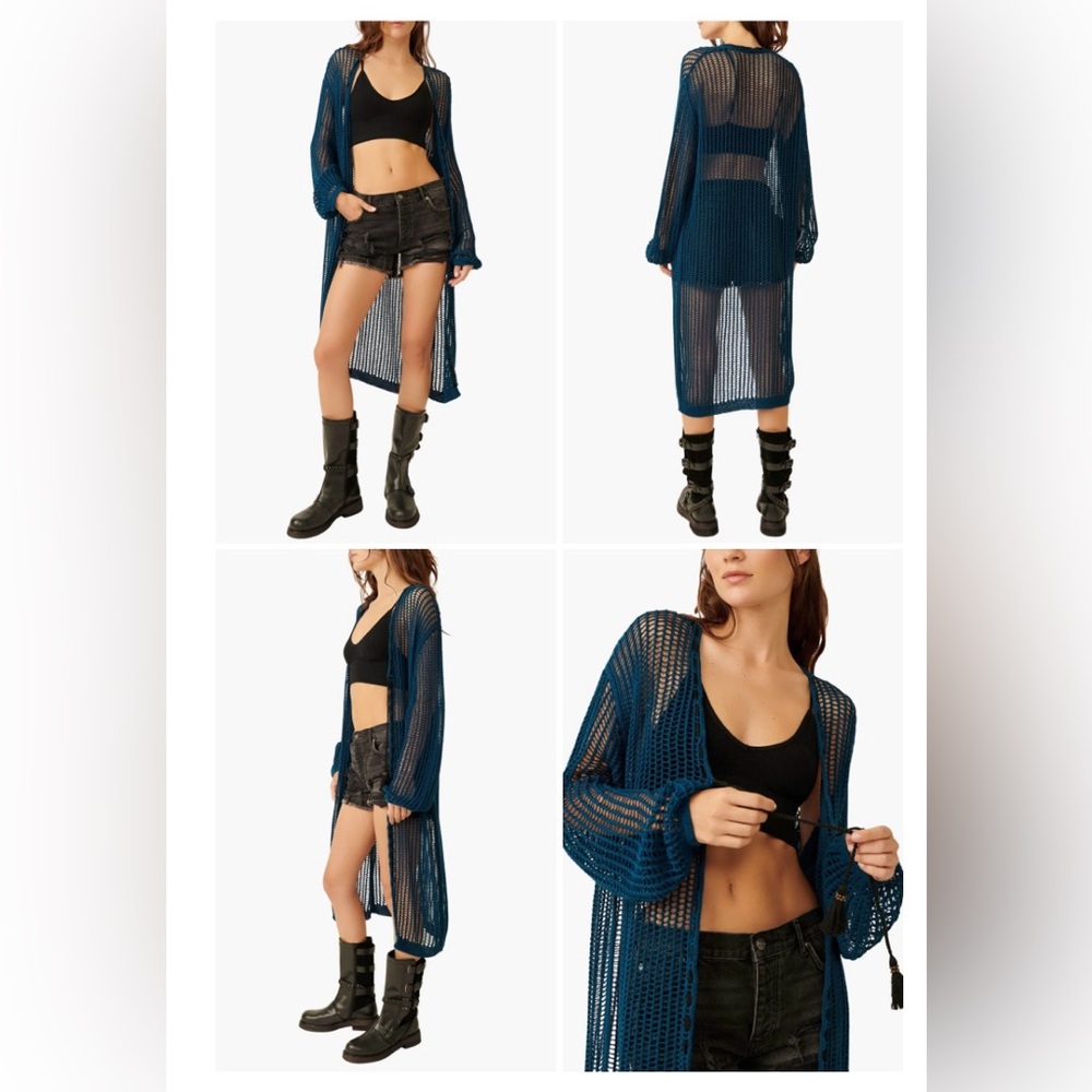 XS Free People NWT Dark Teal Blue Lattice Knit Cardigan Duster